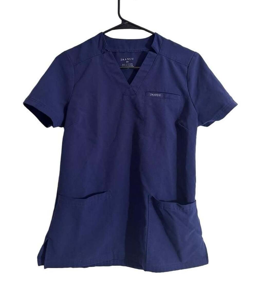 JAANUU Navy Blue V-Neck Scrub Top with Pockets Size XS